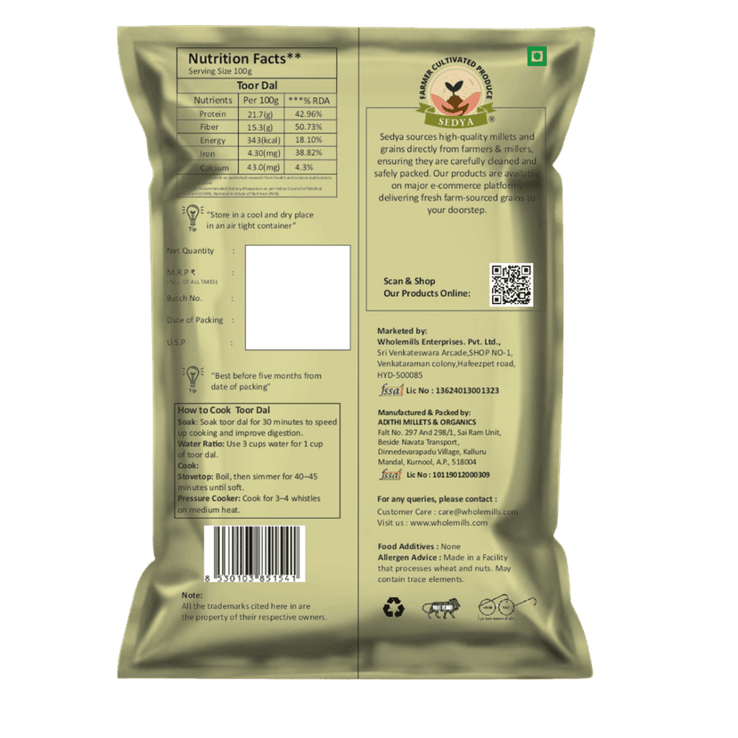 Sedya Premium Toor Dal & Little Millet Combo | Protein & Fiber Rich | 2kg (1kg Each) view 2