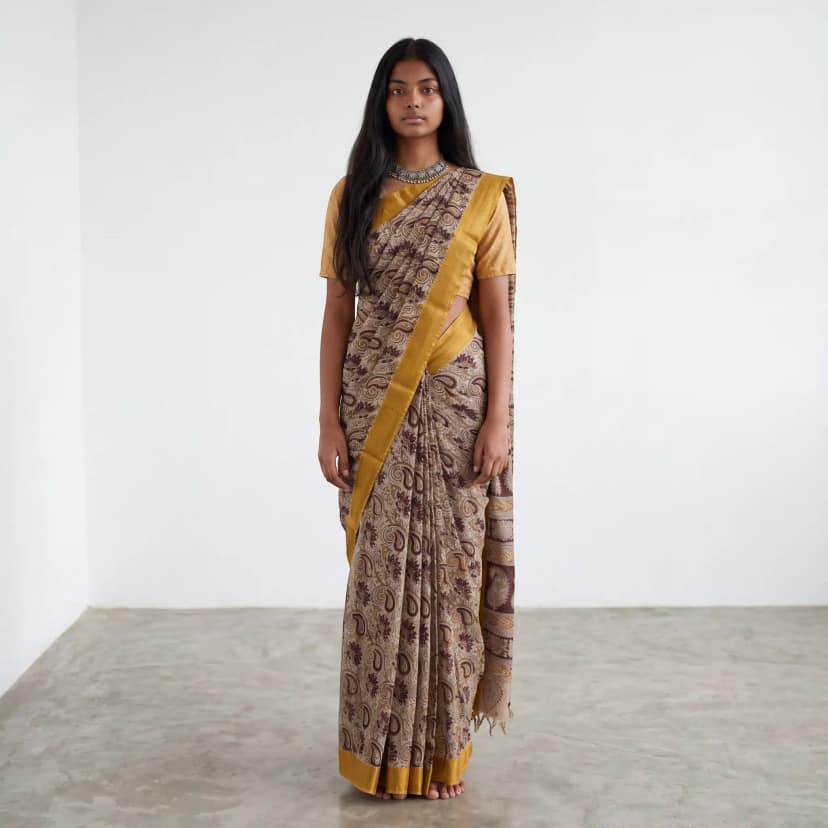 Pedana Kalamkari Block-Print Saree in Beige with Mustard Border