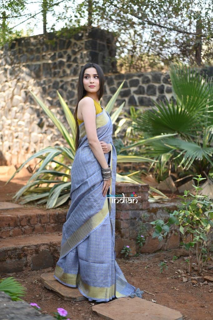 Rang~Pure Linen Saree With Sleek Border and Exclusive Design~ Grey view 2