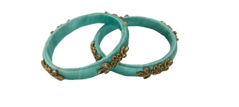 Turquoise Thread Work Bangles with Kundan Embellishments (Set of 2) view 2