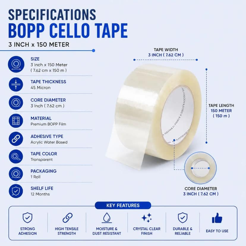 BOPP Cello Tape – 3 Inch x 150 Metre Transparent Packing Tape | Wide Heavy-Duty Tape | Single Roll view 2