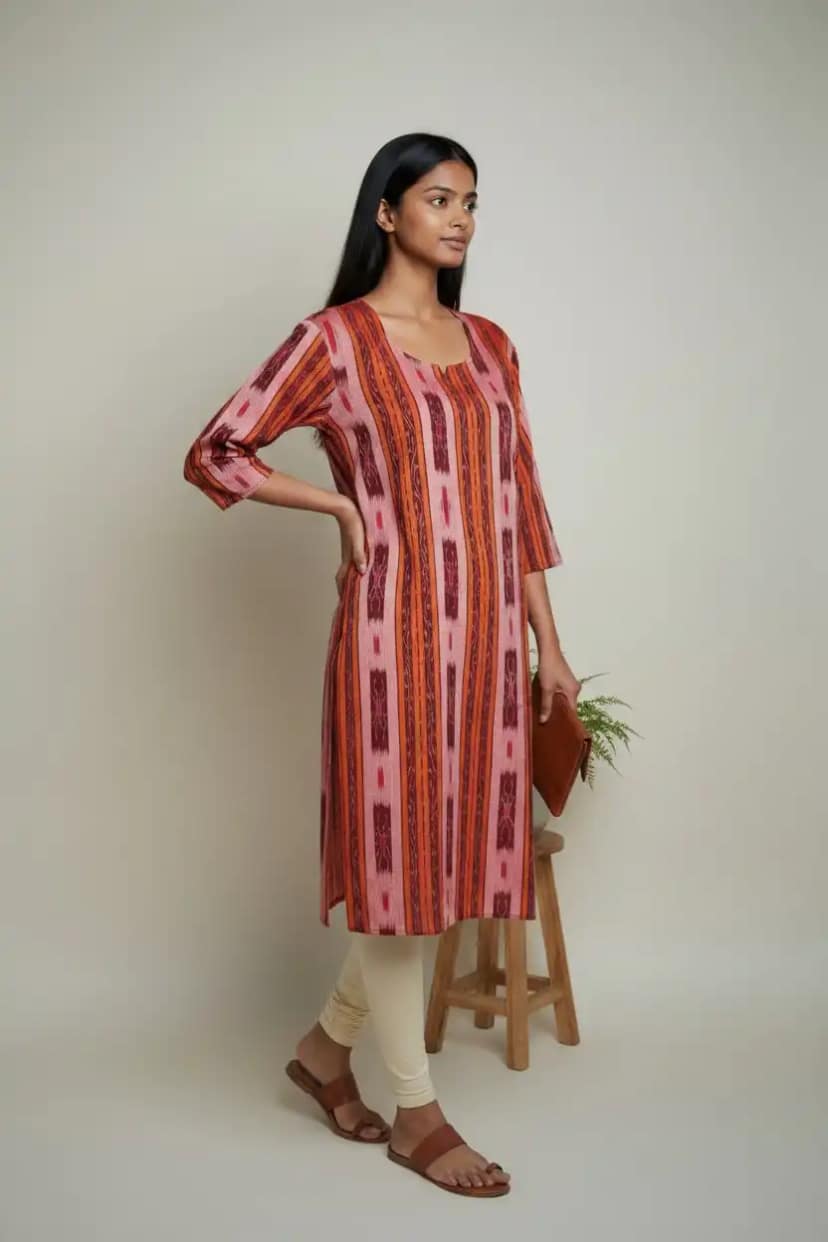 Handwoven Sambalpuri Cotton Kurti in Maroon and Orange Bandhakala view 2