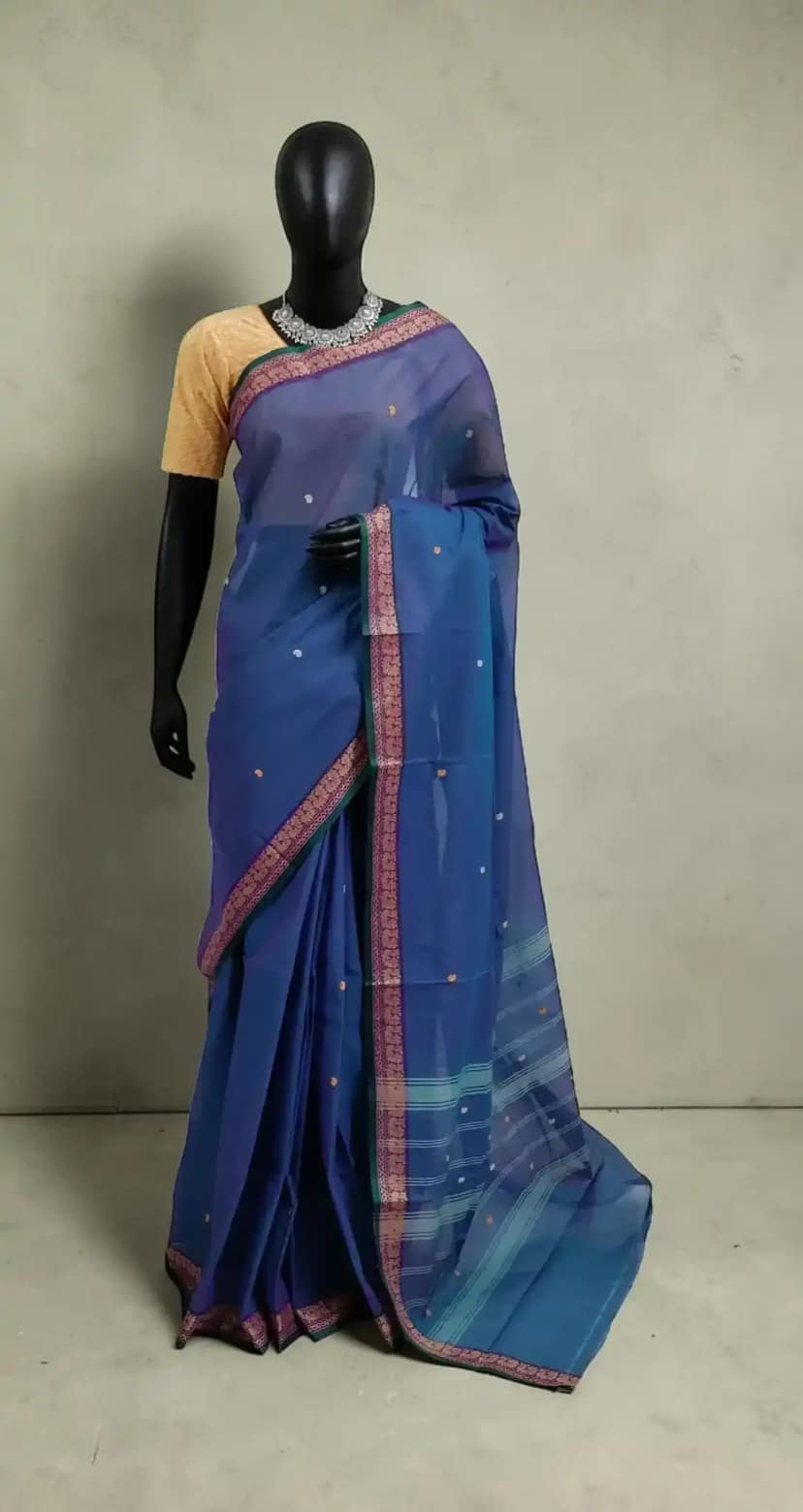Handwoven Kanchipuram Cotton-Silk Saree in Deep Blue with Golden Border