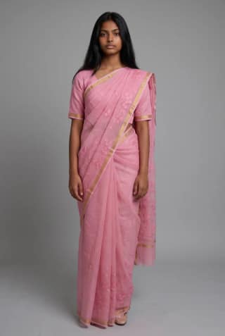 Soft Pink Saree with Golden Border and Blouse Piece
