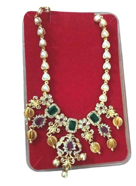 Traditional Indian Gold Plated Haram Necklace with Pearls and Green Stones view 2