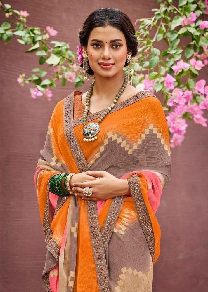 Multicolor Color Chiffon Printed Saree With Fancy Border And Fancy Blouse Piece view 2