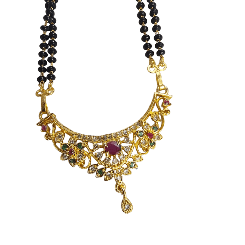 Elegant Gold Plated Black Beaded Mangalsutra with Red Stone Pendant view 2