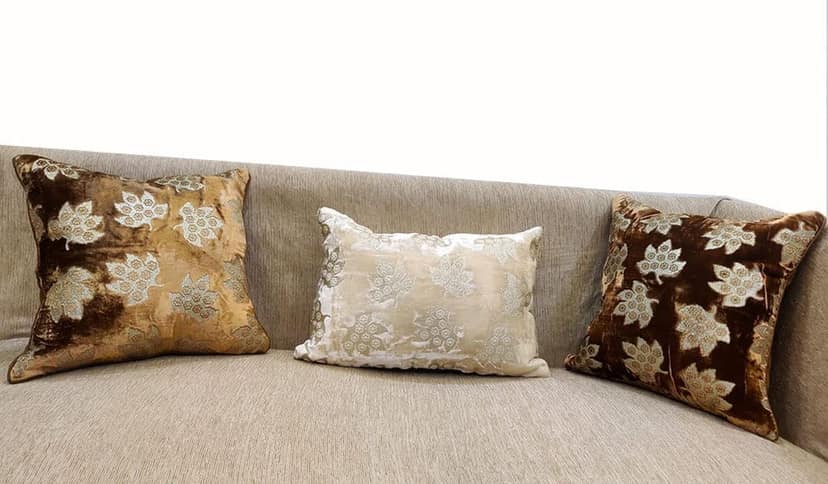 Ivory Brown Golden Cushion Cover with Leaf Embroidered Stitched Zippered Velvet Combo Cushion Cover (16x16 inch and 30 x 45 cm) Set of 3 view 2