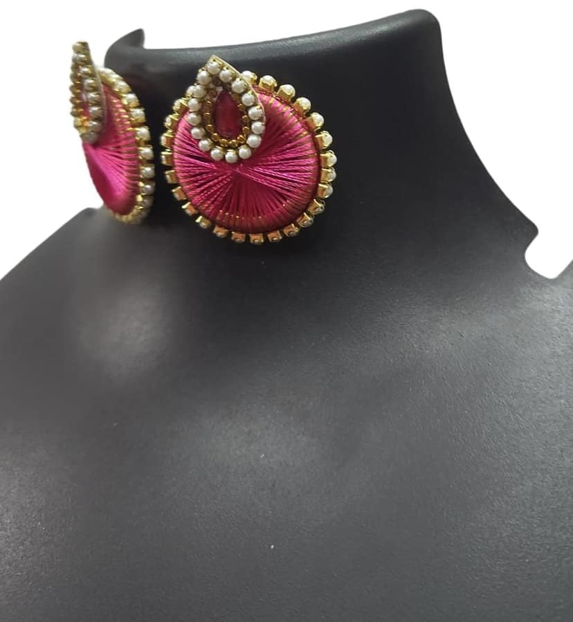 "Stunning Pink Silk Thread Earrings with Pearl and Stone Detailing - Perfect for Traditional Occasions" view 2