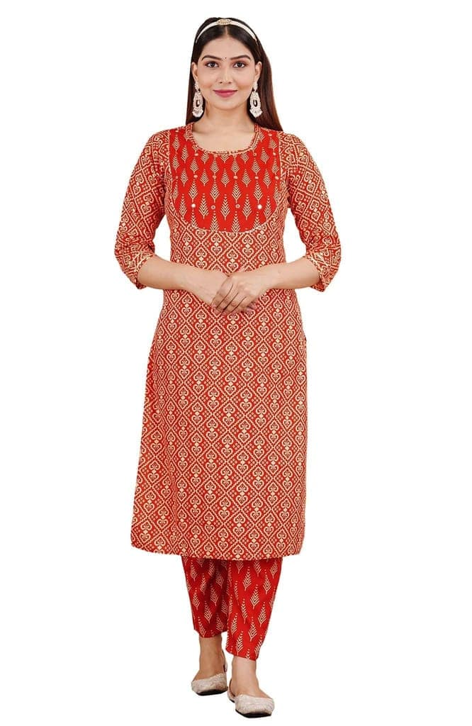 MANMAYEE Women's Rayon Mirror Work On Yoke Straight Kurti with Pant & Dupatta | 3 Piece Kurti Set