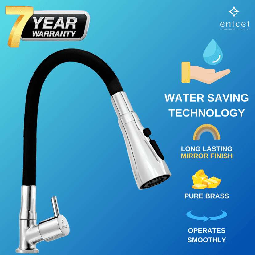 Enicet 3 Flow Sink Tap With Flexible Spout, Brass Build, Swinging Spout, Sink Tap for Kitchen view 2