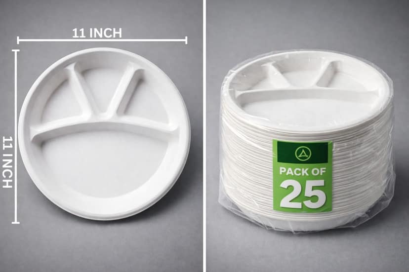 WEKTU Premium 11-Inch Eco-Friendly Sugarcane Bagasse 4-Compartment Disposable Plates (Pack of 25) view 2