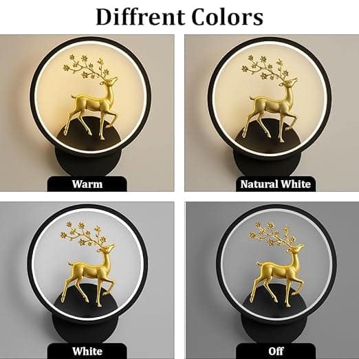 Round LED Wall Light with Golden Deer Decor – 4 Color Modes, Creative Flush Mount Wall Lamp for Bedroom, Living Room, Hallway & Interior Décor | Energy-Efficient Wall Sconce view 2