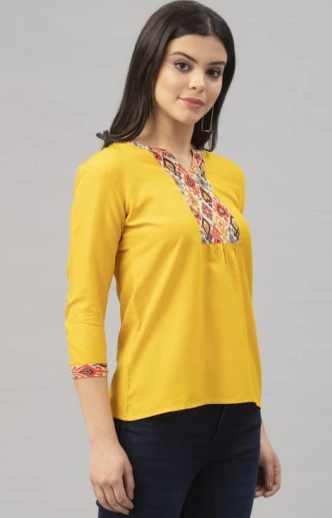 ATTIRIS Women's Crepe Solid Regular Fit Waist Length Top, Yellow, 3/4th Sleeve view 2