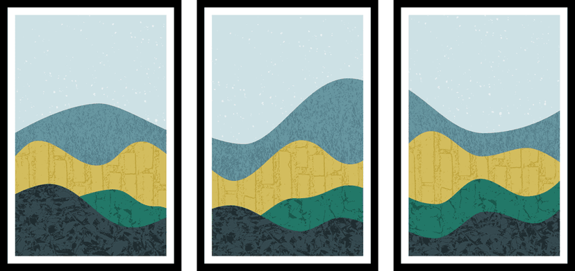 SET OF 3 GEOMETRIC LANDSCAPE PAINTINGS 48in X 24in WITH BLACK FRAME view 2