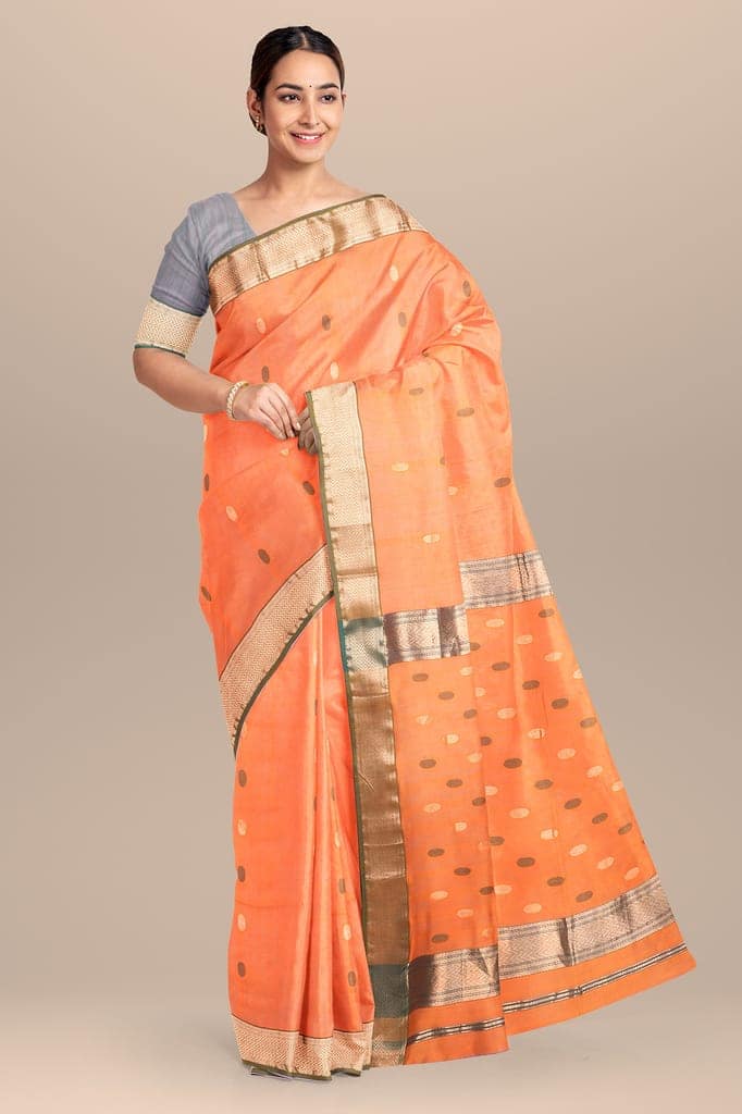 Hand Woven Aerospace Orange Color Traditional Rudraksh Buti Sausar Silk Saree with Zari Border SKU-BS10059 view 2