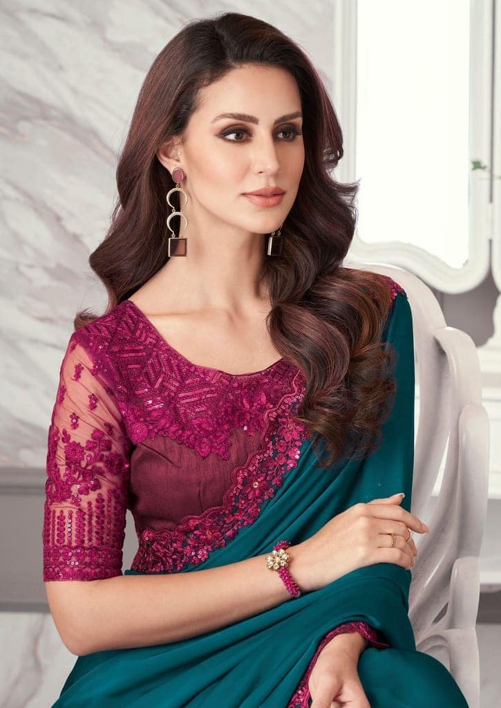 Embroidered Border Satin Georgette Saree in Teal Blue view 2
