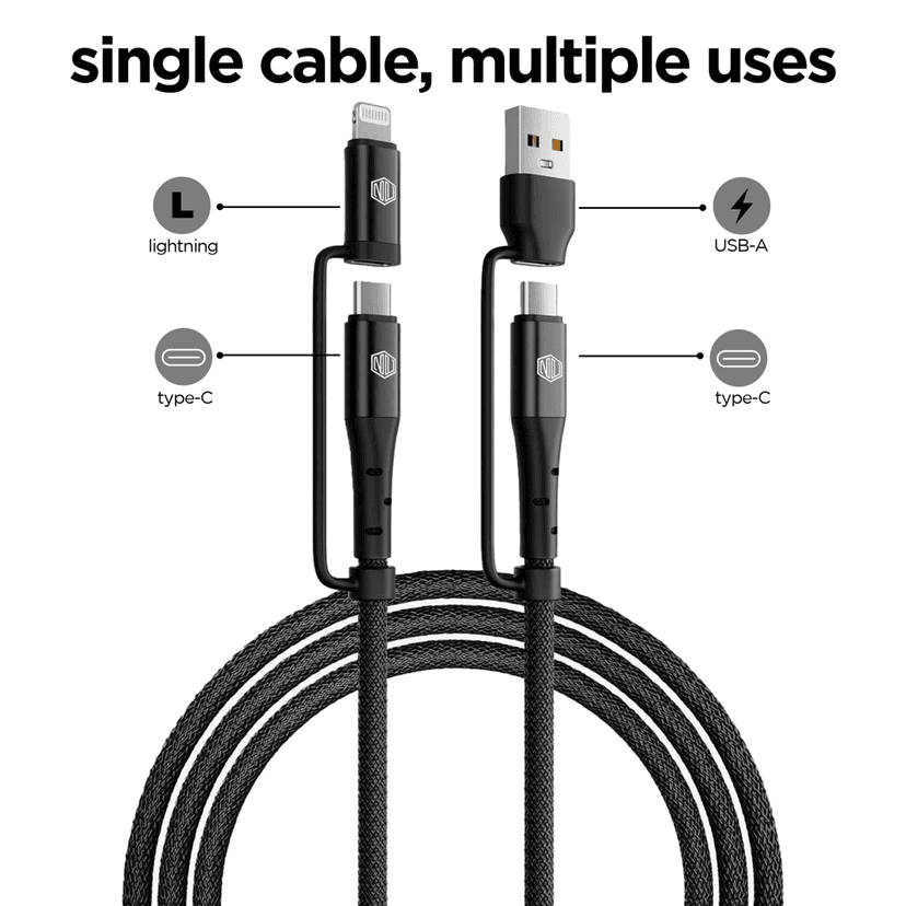 Blaze Quad 100W 4 in 1 Cable (USB-A to Type-C to Type-C to Type-L) view 2