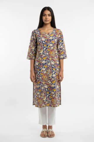 Block Print Cotton Kurti Blue Pink Yellow Floral