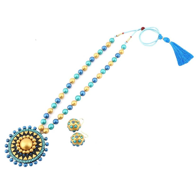 EKAM EK terracotta neckset with earrings for women and girls in BLUE SUN MOTIVE for casual and formal wear for saree, suit and skirt for festivals