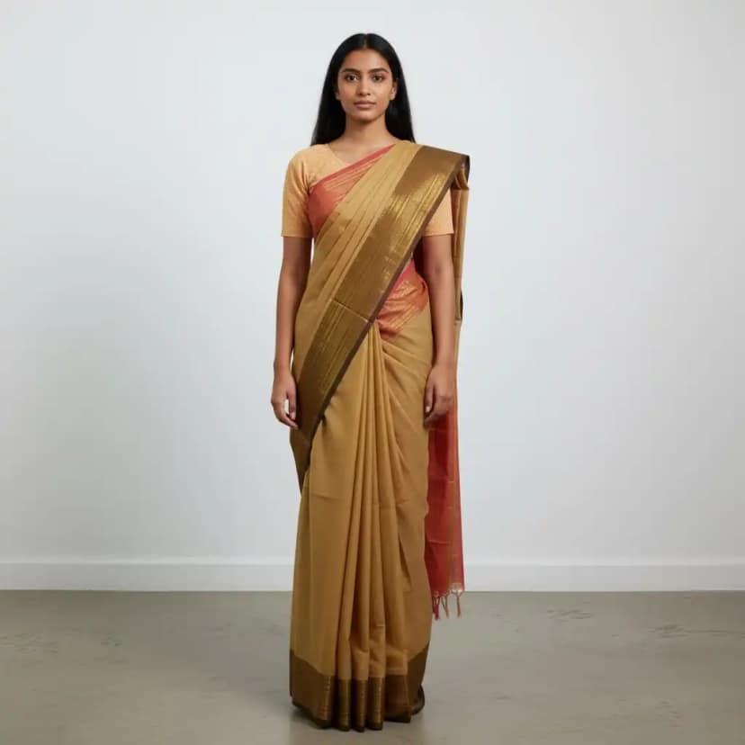 Handwoven Kanchipuram Cotton Saree in Biscuit with Zari Border