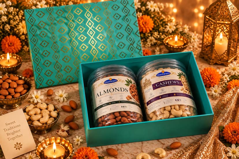 Ghasitaram's Festive Teal 2-Jar Dry Fruit Hamper – Crunchy Almonds & Whole Cashews