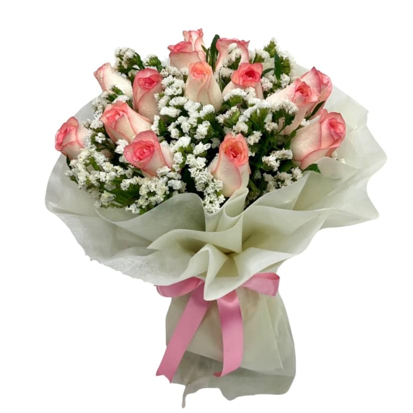 The Blooming Story Quick Response Pink Jumelia Rose White Statice Hand-Tied Bouquet
