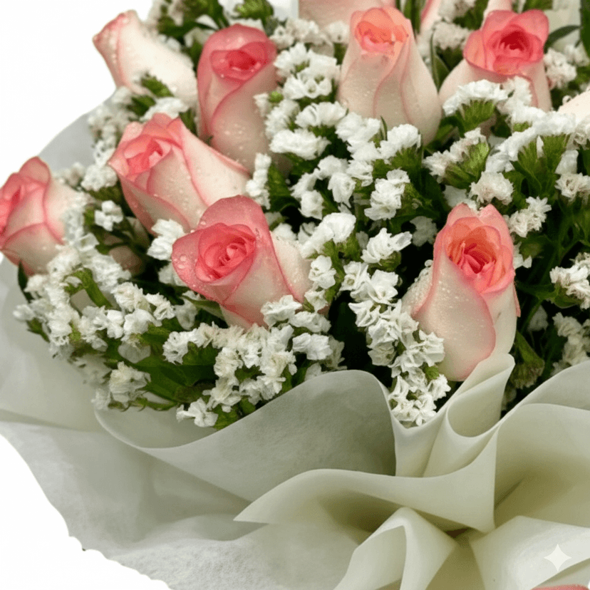 The Blooming Story Quick Response Pink Jumelia Rose White Statice Hand-Tied Bouquet view 2