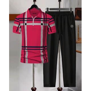 AUSK Mens Casual Printed Cotton Blend Pink & Black Summer wear Co-ords set of T-Shirt & Trakpant