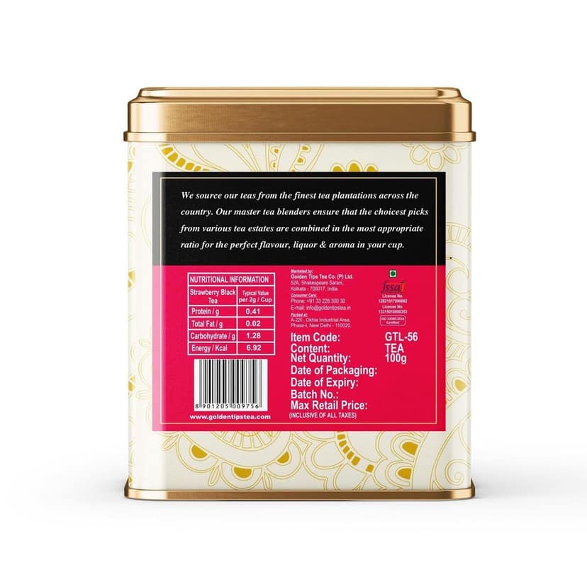 Golden Tips Healthy/ Natural Loose Leaves Strawberry Flavour Black Tea Tin Can (100 Gram, 50 cups) view 2