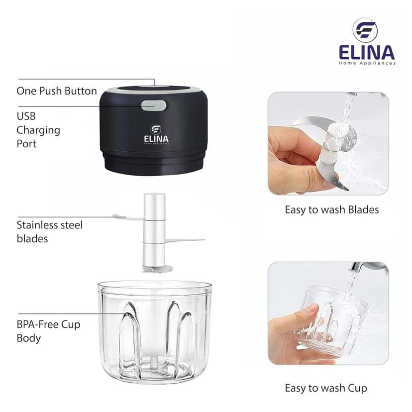 Elina USB Rechargeable Wireless Mini Electric Chopper | S.S Blades | 250 ML Unbreakable Bowl | 10 Seconds for Mincing, Chopping, Vegetable, Meat, Nuts view 2