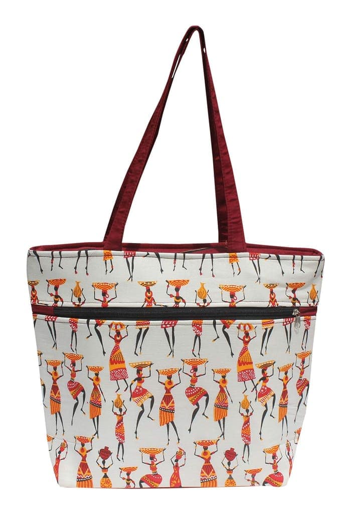 Mandhania Warli Printed Indian Tribal Art Women's Tote, Shoulder Bag Red