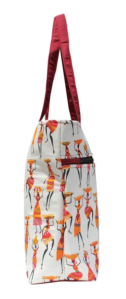 Mandhania Warli Printed Indian Tribal Art Women's Tote, Shoulder Bag Red view 2