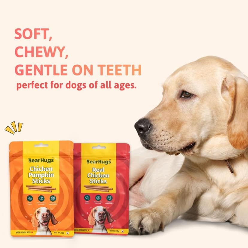 BearHugs Soft & Chewy Sticks with Real Chicken | Flavour for Dog and Puppies | All Life Stages (Pack of 6, Real Chicken and Pumpkin) view 2
