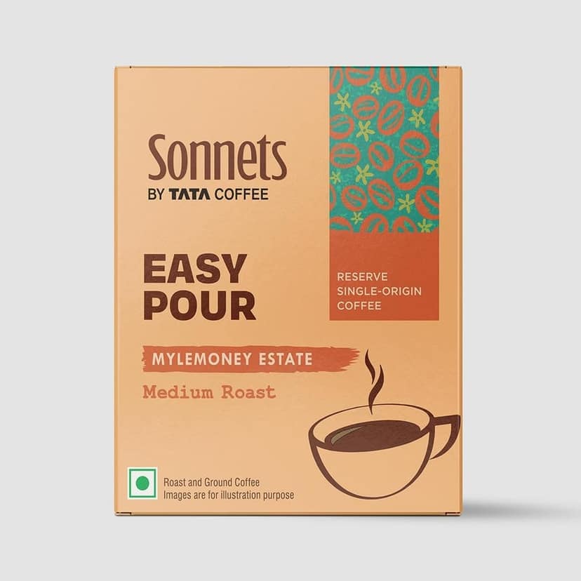 Sonnets by Tata Coffee, Easy Pour, Mylemoney Estate, Medium Roast & Ground Coffee, Tasting Notes of Toasted Nuts and Cinnamon, 5 Easy Pour Bags