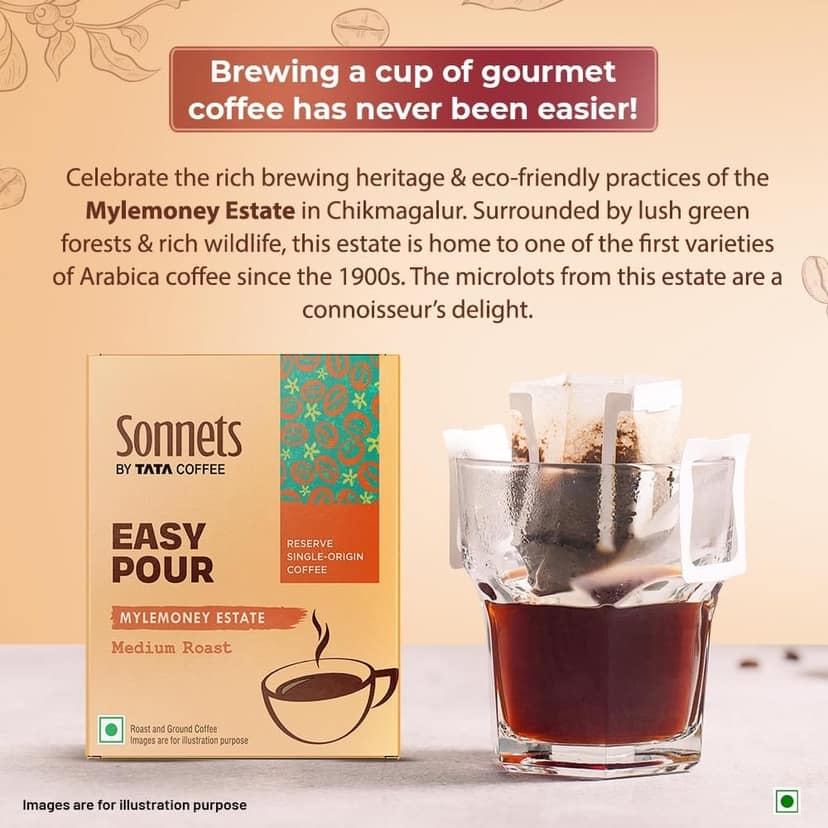Sonnets by Tata Coffee, Easy Pour, Mylemoney Estate, Medium Roast & Ground Coffee, Tasting Notes of Toasted Nuts and Cinnamon, 5 Easy Pour Bags view 2