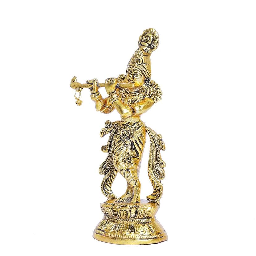 Elevate Your Spiritual Space with a Gold-Plated Flute Playing Lord Krishna Idol: A Premium Showpiece Figurine for Pooja Room and Gifting view 2