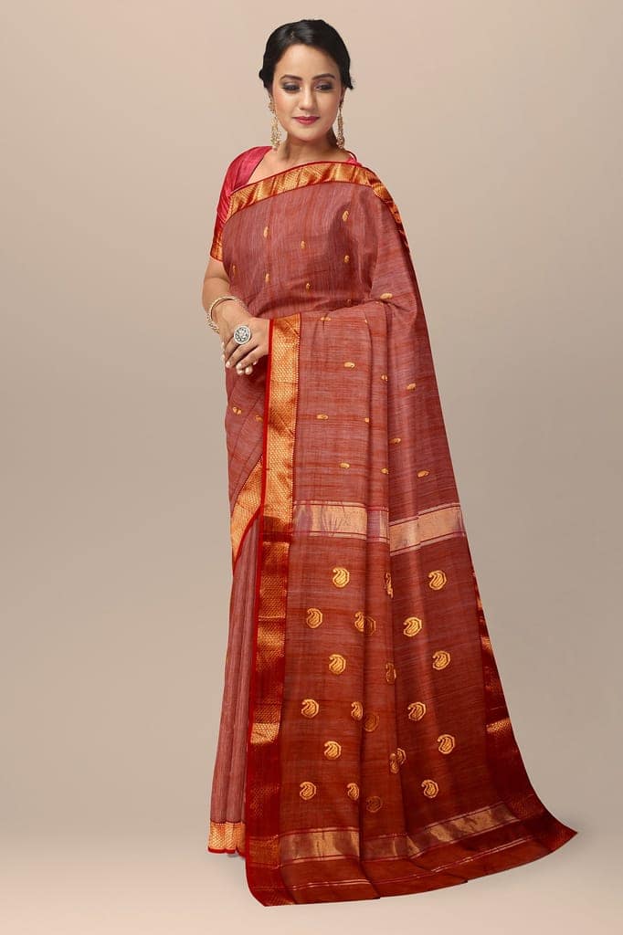 Cinnamon Brown Carry Buti Maheshwari Silk with Zari Border and Carry Buta Saree SKU- BS10037