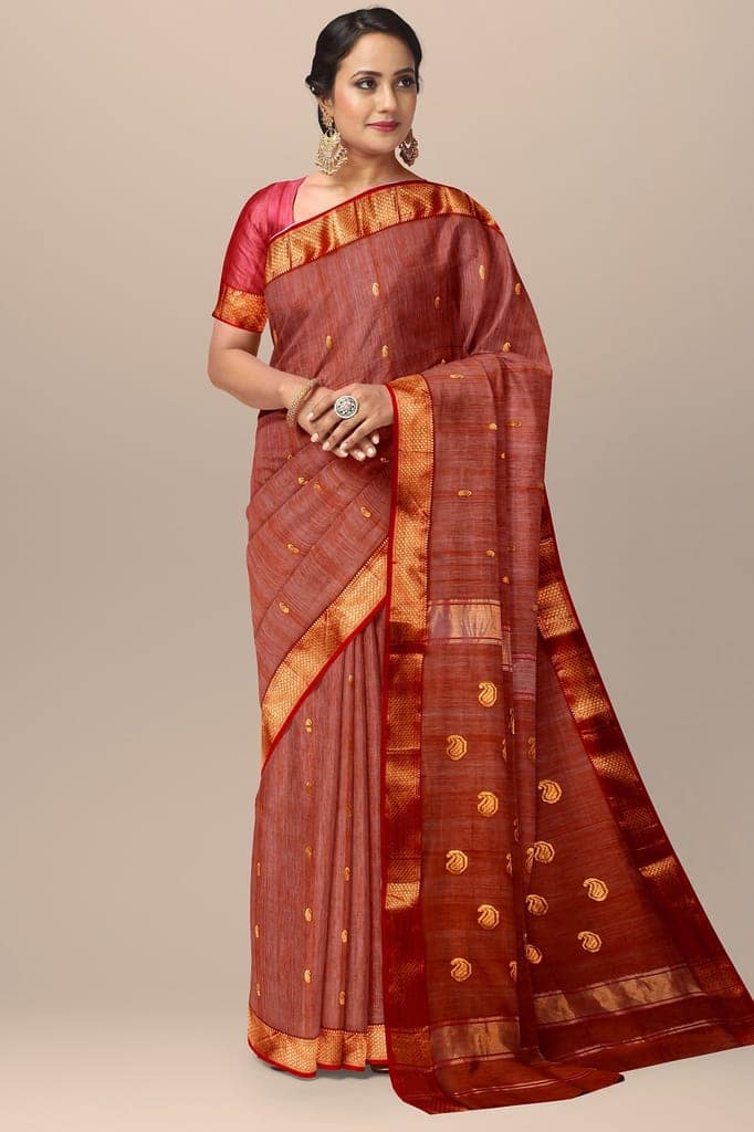 Cinnamon Brown Carry Buti Maheshwari Silk with Zari Border and Carry Buta Saree SKU- BS10037 view 2