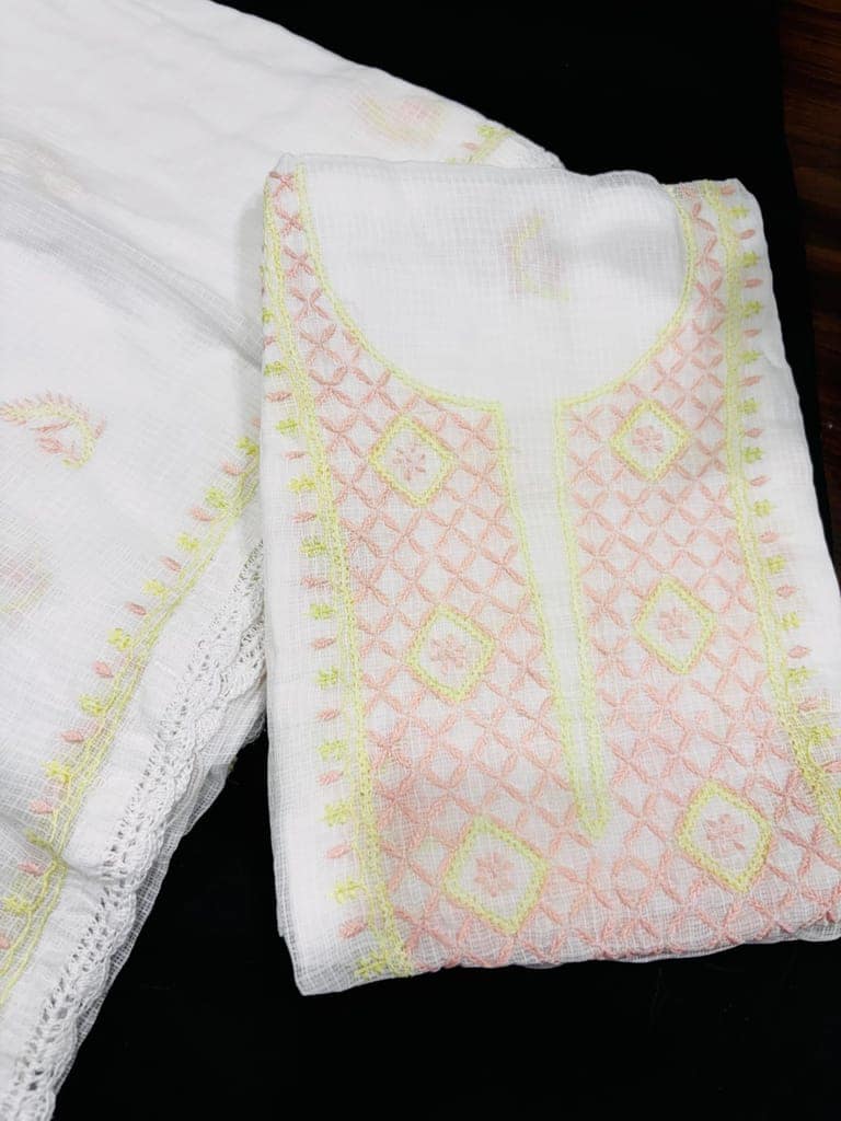 Tulip Handcrafted Kota Doria Unstitched Suit Fabric with Pastel Embroidery � White Base with Peach & Yellow Geometric Floral Design view 2