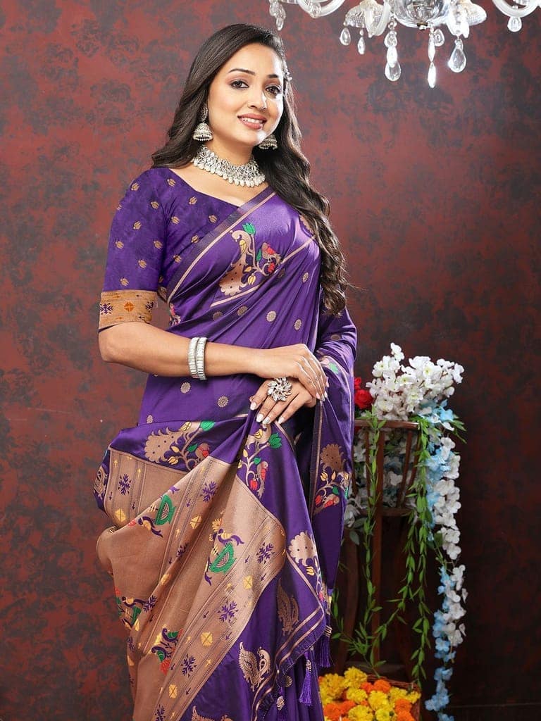 Purple Soft Paithani Silk Woven Design Copper Zari Meenakari Weaving Saree view 2