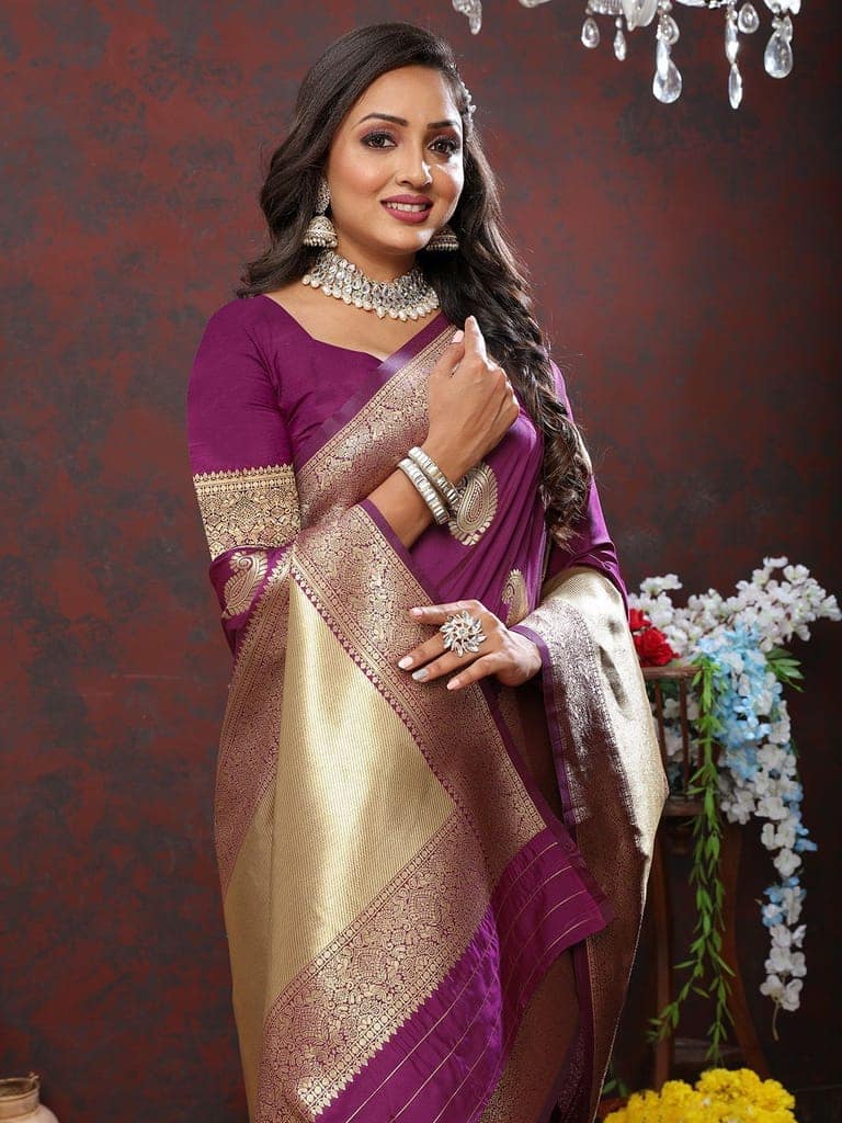 Wine Soft Silk Woven Design Gold Zari Weaving Saree view 2