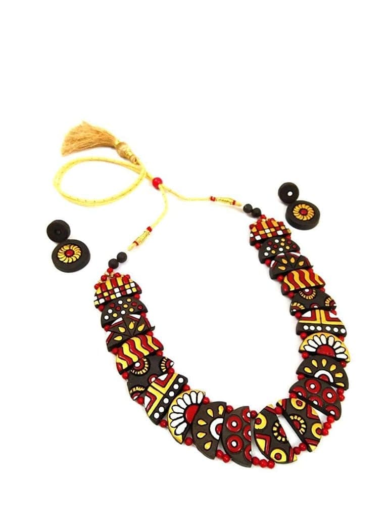 EKAM EK delicately designed terracotta necklace with earrings for women and girls for casual and formal wear for suit saree and skirt in multicolour