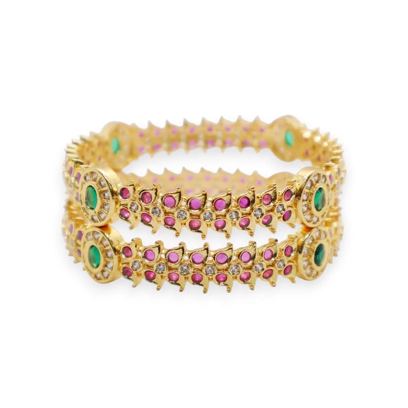 Traditional Gold-Plated Ruby & Emerald Stone Bangles (Pair) view 2
