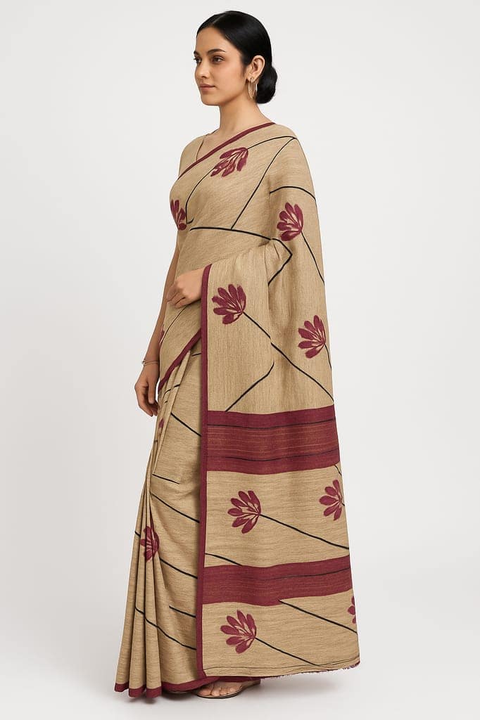 Bhagaiya Bloom Tussar Silk Saree – Natural Beige with Wine Floral Accents view 2
