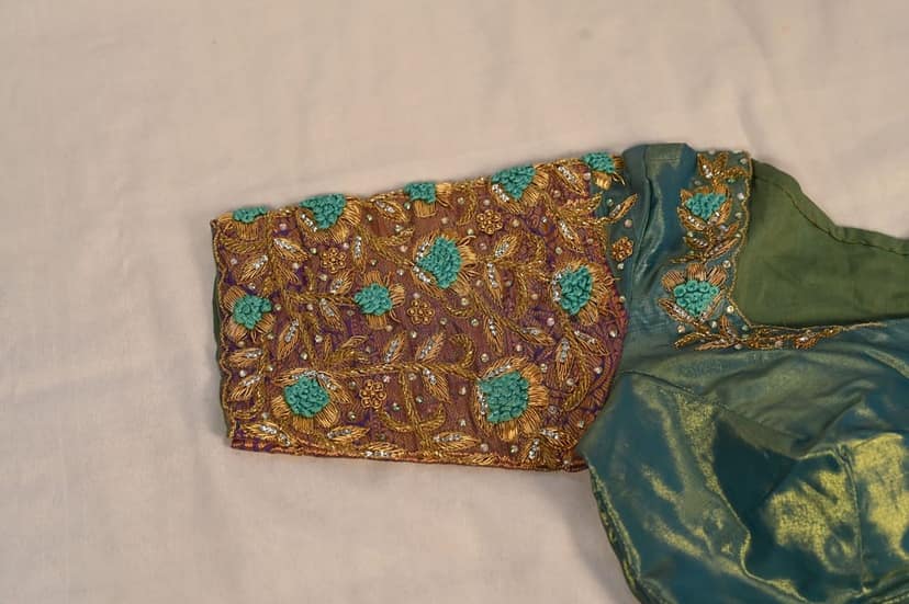 Seafoam green raw silk embroidered boat neck blouse view 2