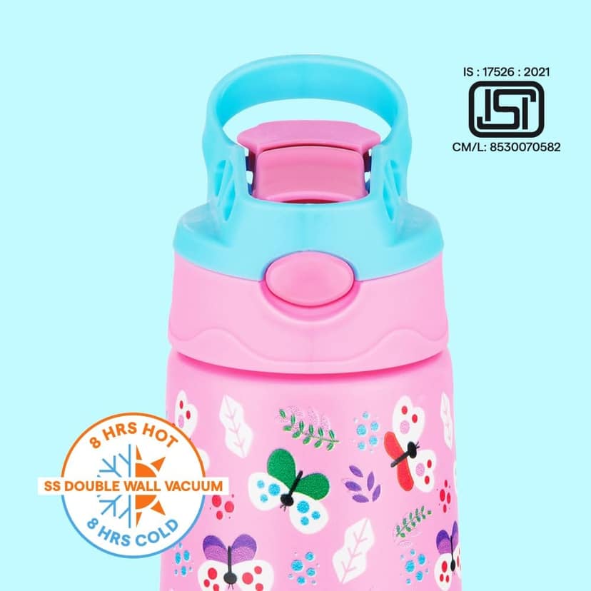 Borosil 330ml Butterfly Kids Stainless Steel Bottle | ISI Certified Made in India | 8 Hrs Hot & Cold Double Wall Vacuum Insulated Flask | Push & Straw Lid | Powder Coated Finish | 1 Year Warranty view 2