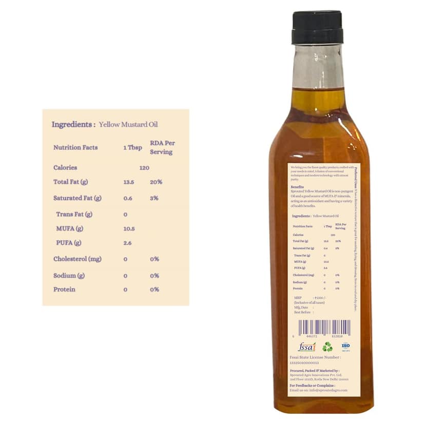Sprouted Wood Cold Pressed Yellow Mustard Oil | Sarso ka tel | Plastic Bottle | Kacchi Ghani | 100% Pure | Gluten-Free | Chemical Free (2 Litre) view 2