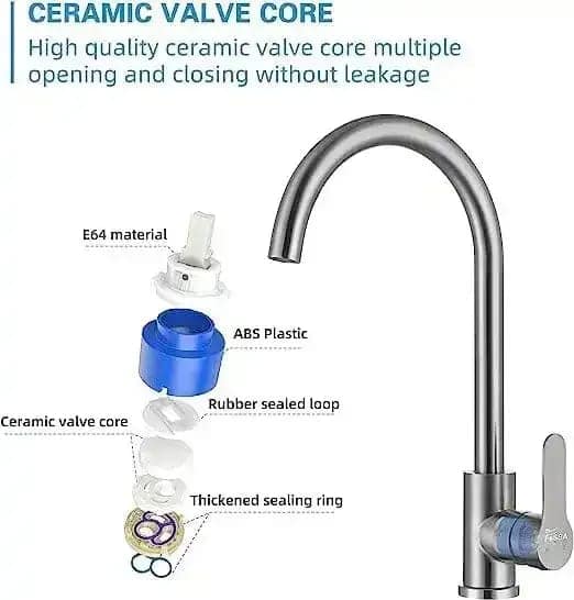 Single-Flow J Bend 360° Hot & Cold Brass Stainless Steel Kitchen Mixer Faucet Silver view 2