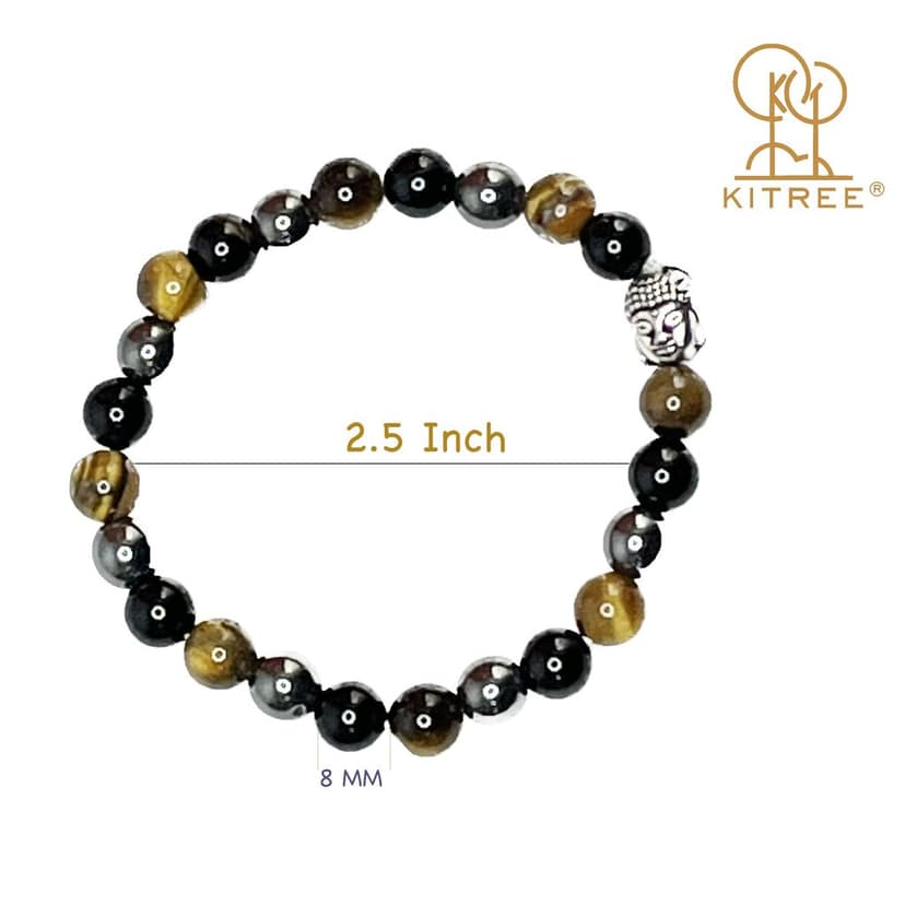 KITREE PROTECTION CRYSTAL BRACELET 8MM ROUND WITH BUDDHA CHARMS FOR UNISEX (STONE - TIGER'S EYE, BLACK TOURMALINE, HEMATITE) (MULTI COLOR) view 2